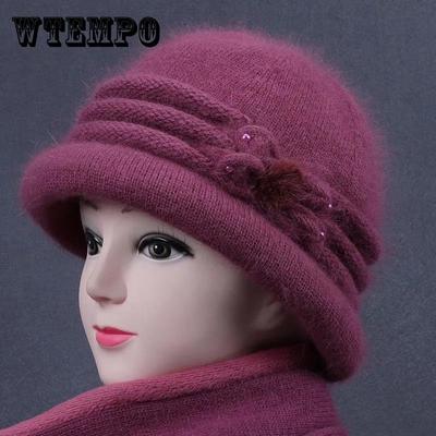 Шапка женская зимняя пожилая из кроличьего меха вязаная теплая шерстяная шляпа-чаша из плотного хлопка цилиндр