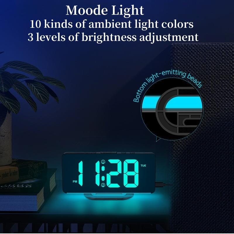 Цифровой будильник RGB с подсветкой RGB Mood Lighting, 2 будильника, ночной режим, неограниченный повтор сигнала, настольные часы, выход 12/24 ч, зарядка через USB Type-C, светодиодные часы
