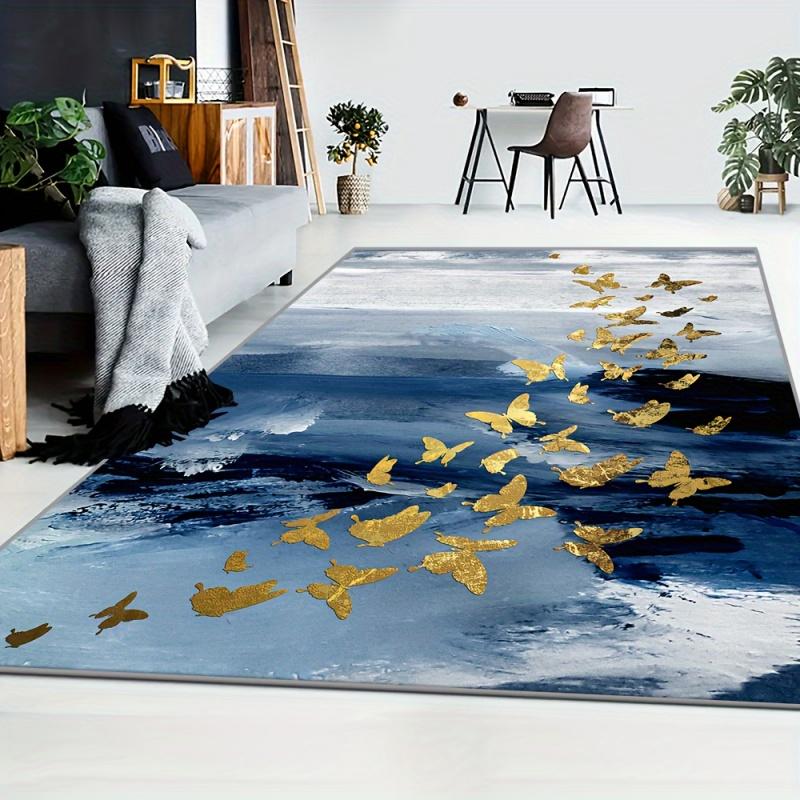Abstract Blue Ink Wash Golden Flying Butterfly Print Large Area Rug Soft Flannel Non Slip Floor Carpet for Living Room Modern