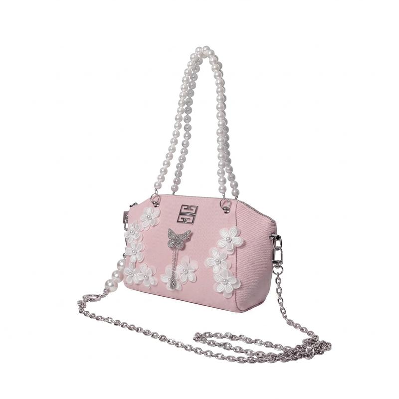 Givenchy [Customized Cosmetic Bag] Polyester Fiber Butterfly Flowers Lace Pearl Chain