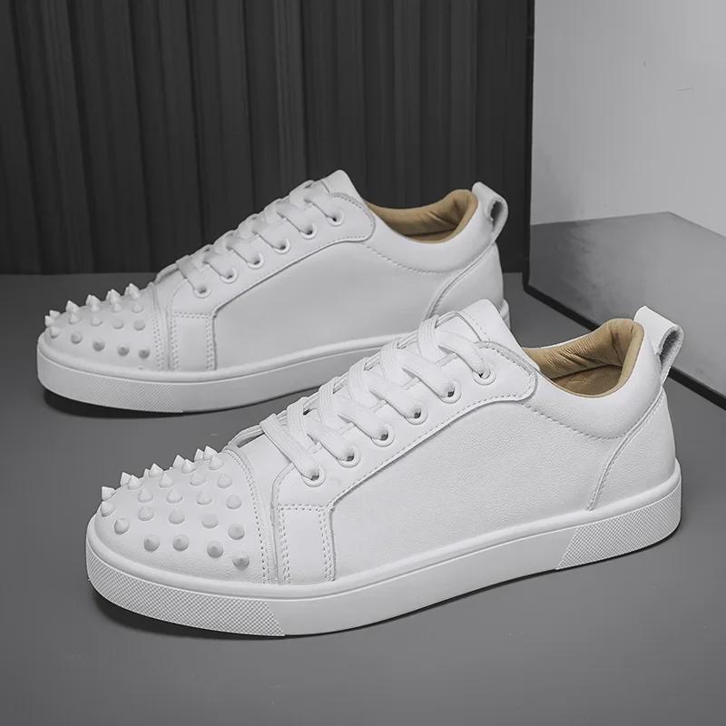 Men's Red Bottom Rivet Casual White Sneakers - Trendy Microfiber Leather Shoes