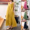 Summer Long Sling Cotton and Linen Simple Style Loose Pocket Round Neck Temperament Sleeveless Dress Women