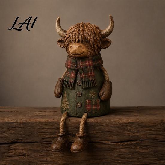 Decorative Figurine for Mantle Christmas Highland Cow Figurine Cute Ornament with Retro Plaid Clothing Farmhouse Holiday Tabletop Shelf And