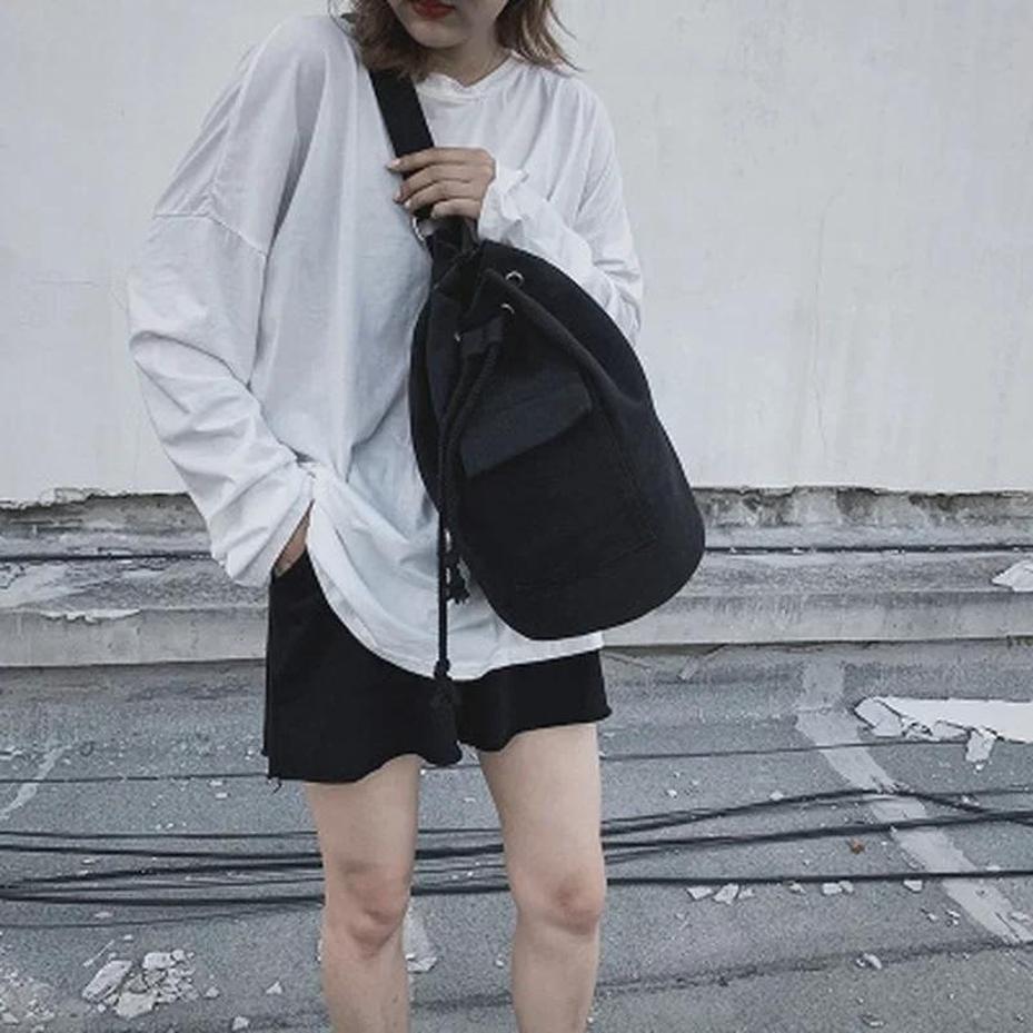 1 Pcs Korean Version Versatile Fashion Simple Solid Color Canvas Drawstring Chain Bucket Travel Women's Shoulder Crossbody Bags
