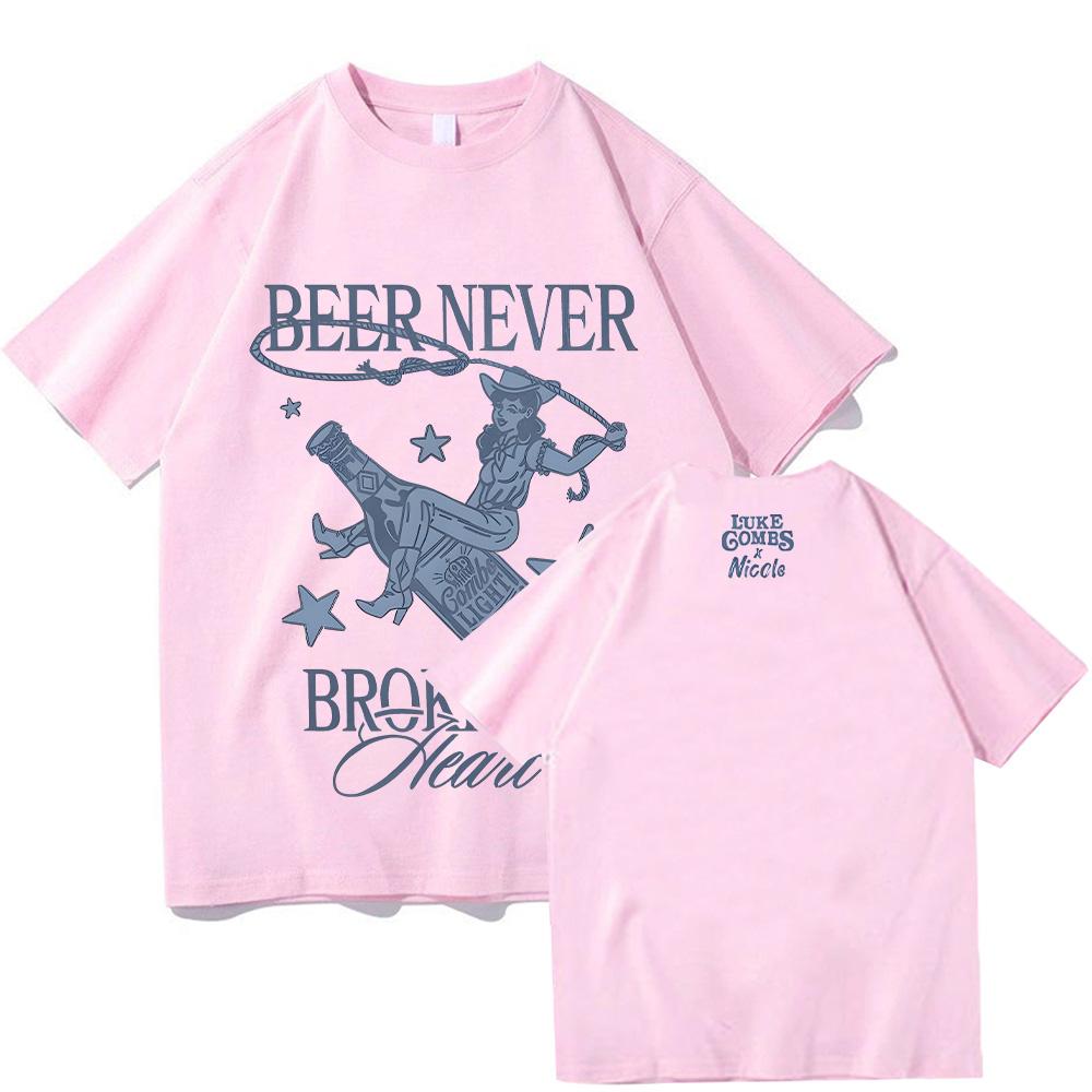 Beer Never Broke My Heart Tee Luke Combs Music Man Woman Harajuku O-Neck Short Sleeve T Shirts Fans Tee Cotton Top