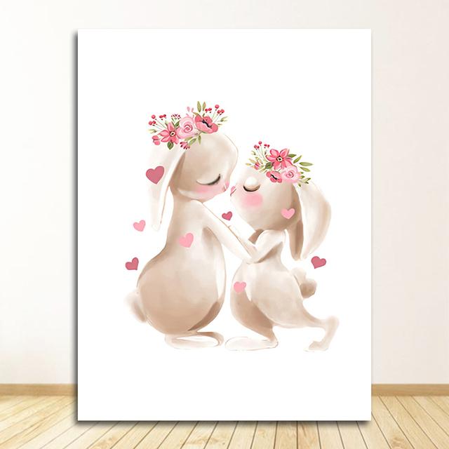 Розовые цветы, мультяшная картина для девочек, декор для детской комнаты, постер с кроликом, картины с животными, детская настенная живопись с кроликом, холст, живопись