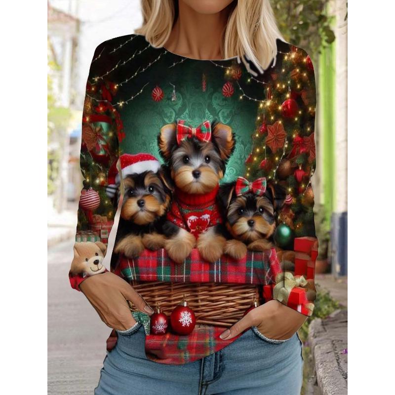 Модная рождественская женская футболка с длинным рукавом Повседневная рождественская Милая кошка и собака Праздничные подарки Топы Harajuku Animal Женская одежда