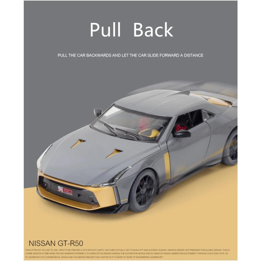 1/24 Niaasn GTR 50 Модель спортивного автомобиля из сплава Литые металлические модели Гоночный автомобиль Модель Звуковая и световая симуляция Коллекция Детская игрушка Подарок