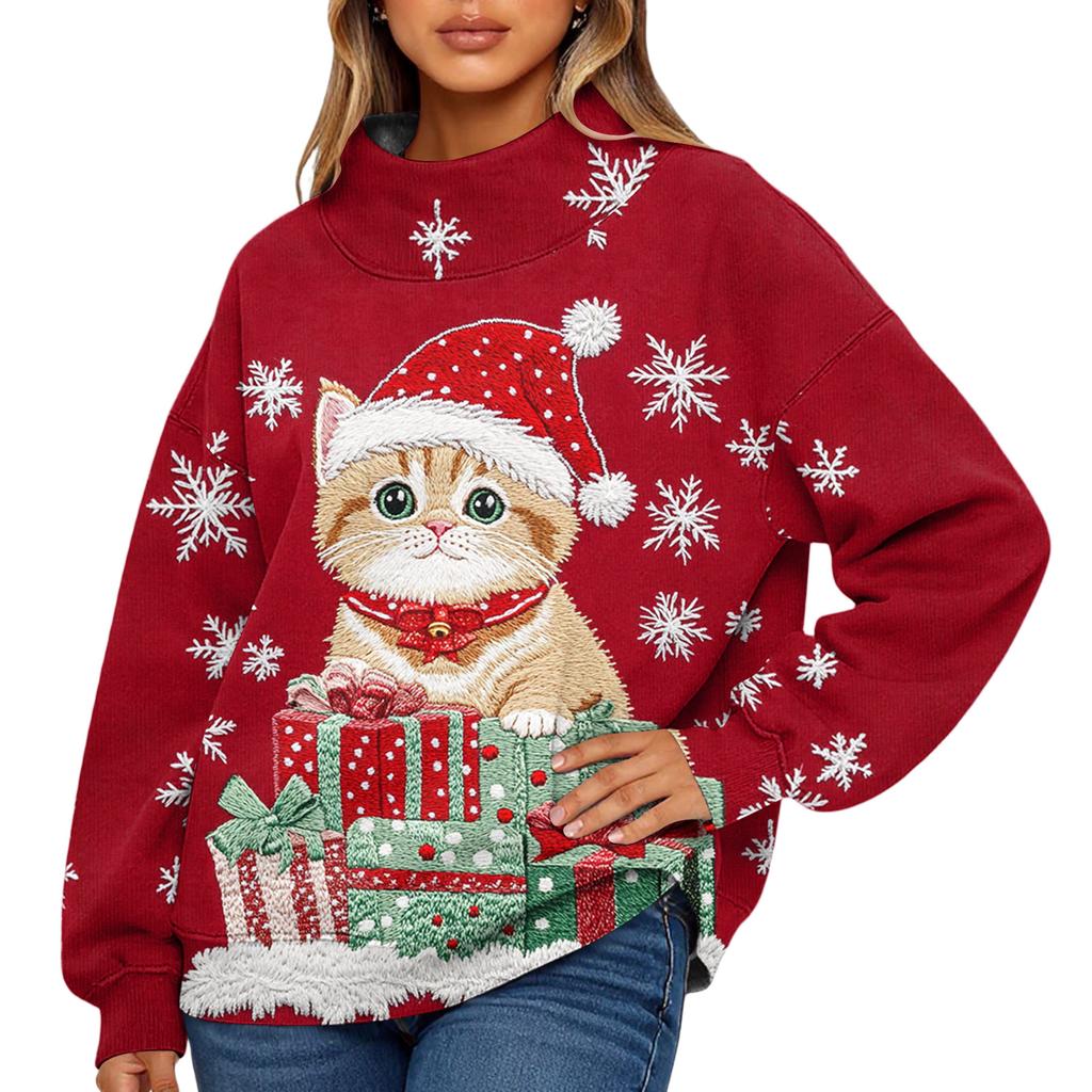 Ladies' Fashionable Christmas Printed Long Sleeved High Neck Sweatshirt Top