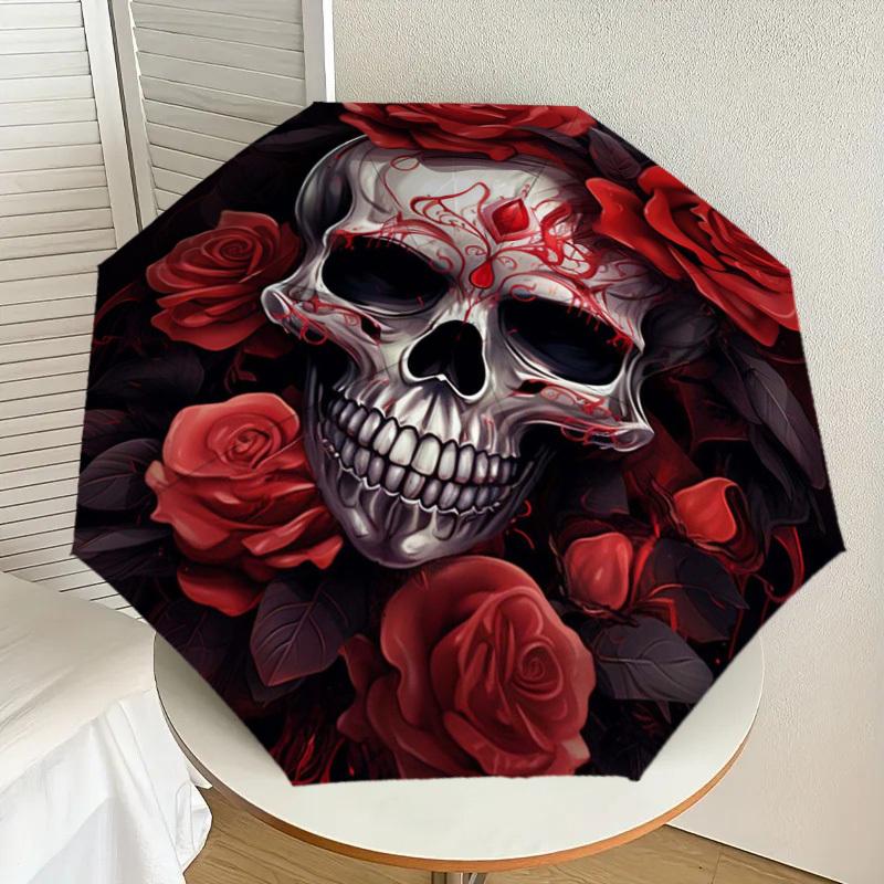 1pc Day of the Dead Skull with Roses Umbrella with Plastic Handle,Suitable for All Seasons Home Travel Outdoor UmbrellaDD272