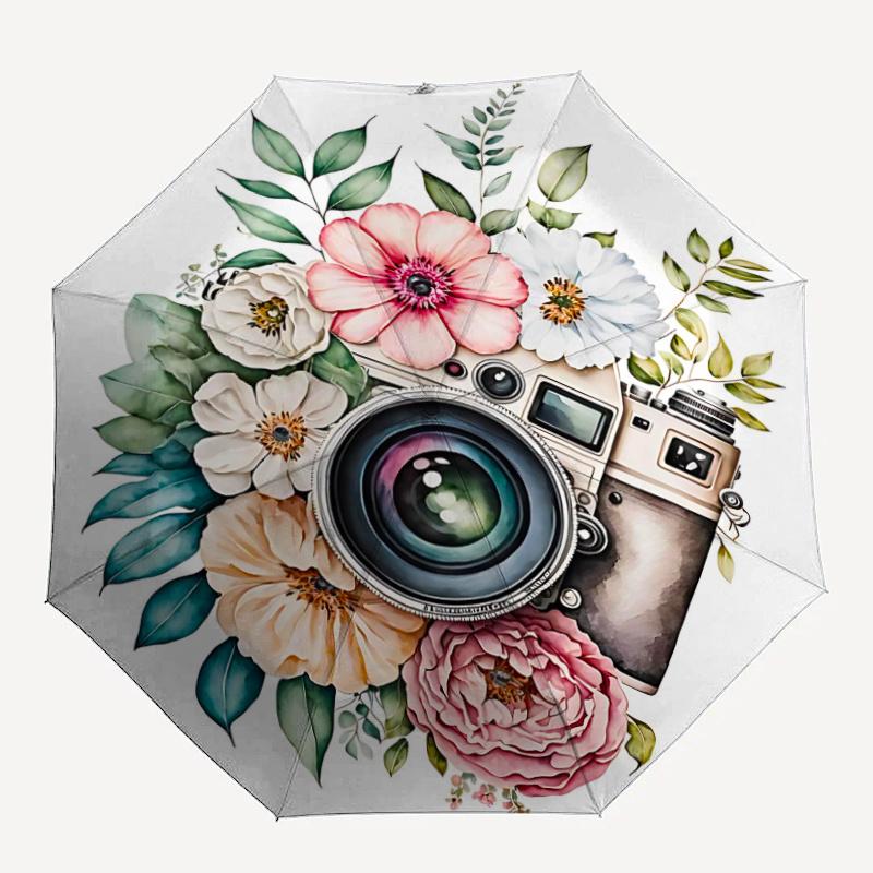 1pc Camera Flowers Automatic Open/close Umbrella, 8-Rib sturdy structure, Auto Folding/Opening, Portable Travel Umbrella for Women, c23