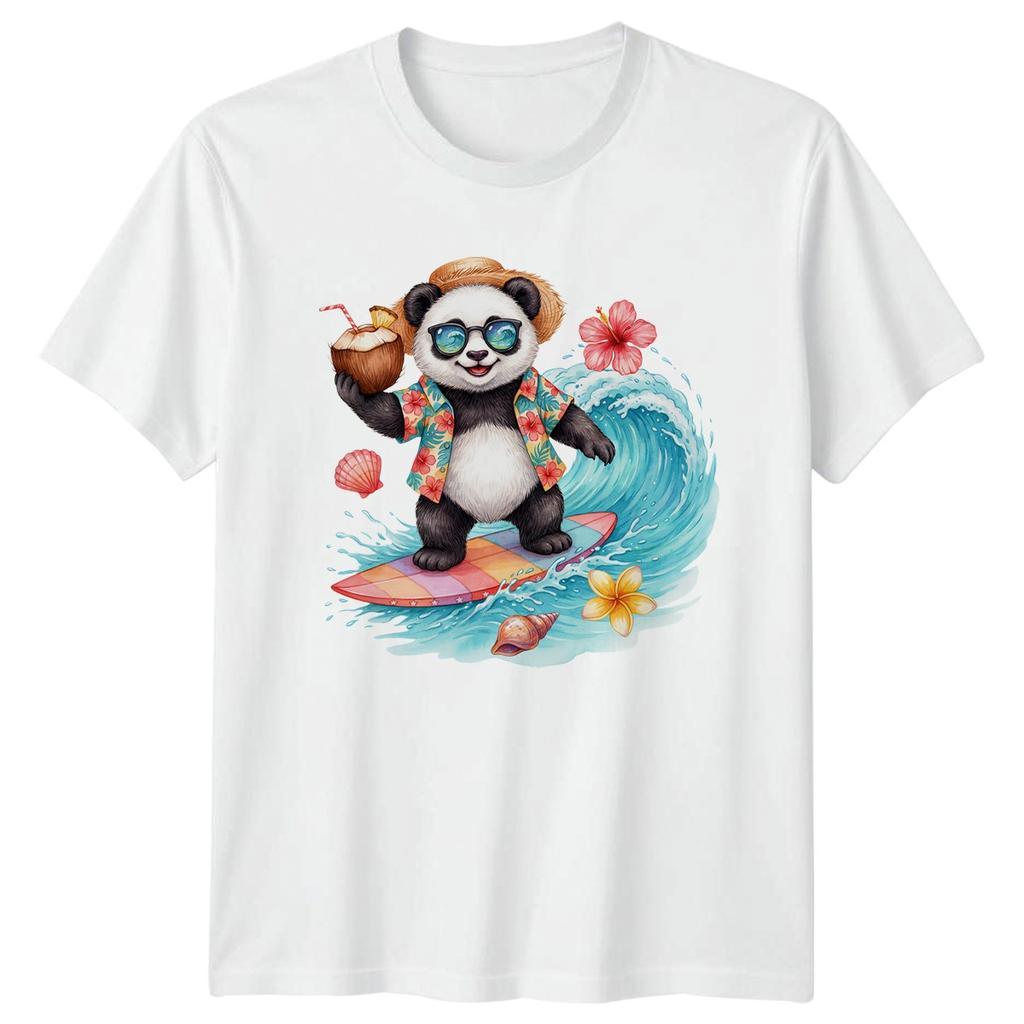 Cute Surfing Panda T-Shirt Tropical Beach Cartoon Animal Lover Summer Gift
