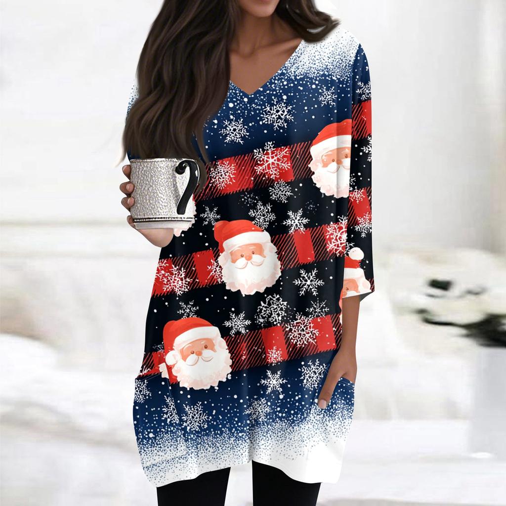 Womens Tops V-neck 3/4 Sleeve Blouses Casual Mid-length Shirts Fashion Christmas Print Tunic Tops With Pockets
