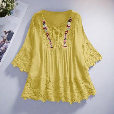 Женская рубашка с V-образным вырезом, шнуровкой, рукавами до локтя, пуловер, однотонная, свободного кроя, с вышивкой, кружевом, цветочной аппликацией.