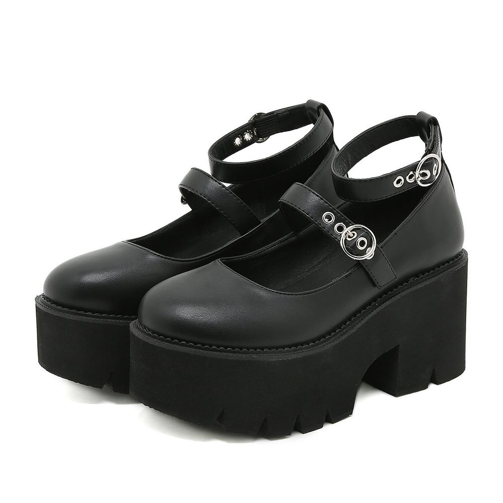 Round Toe Chunky Goth Platform Women Shoes Trendy Ankle Strap Mary Janes Pumps Suare Heels Lolita Style College Student