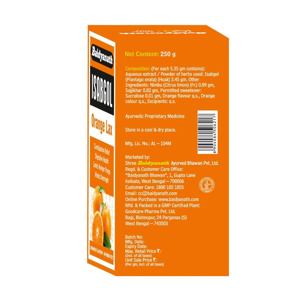 Baidyanath Isabgol Orange Lax Powder 250g Pack Of 1 – Natural Effervescent Fibre Supplement