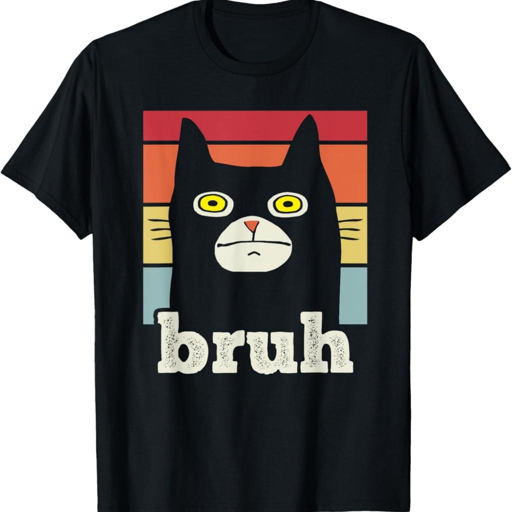 Funny Meme saying Bruh with Cat Greetings Teens Boys Men T-Shirt(1)