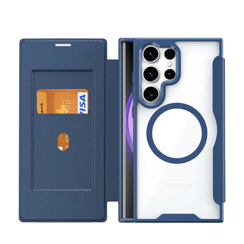 Кожаный чехол-книжка S24 Ultra для Samsung и iPhone 16 ProMax, прозрачный магнитный чехол для мобильного телефона с MagSafe