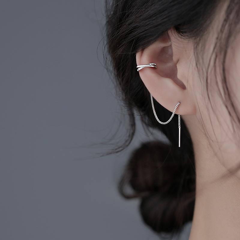 Fashion Simple Sliver Color Long Chain Tassel Ear Clip Earrings for Women Girls Without Piercing Ear Cuff Earrings Zircon Party
