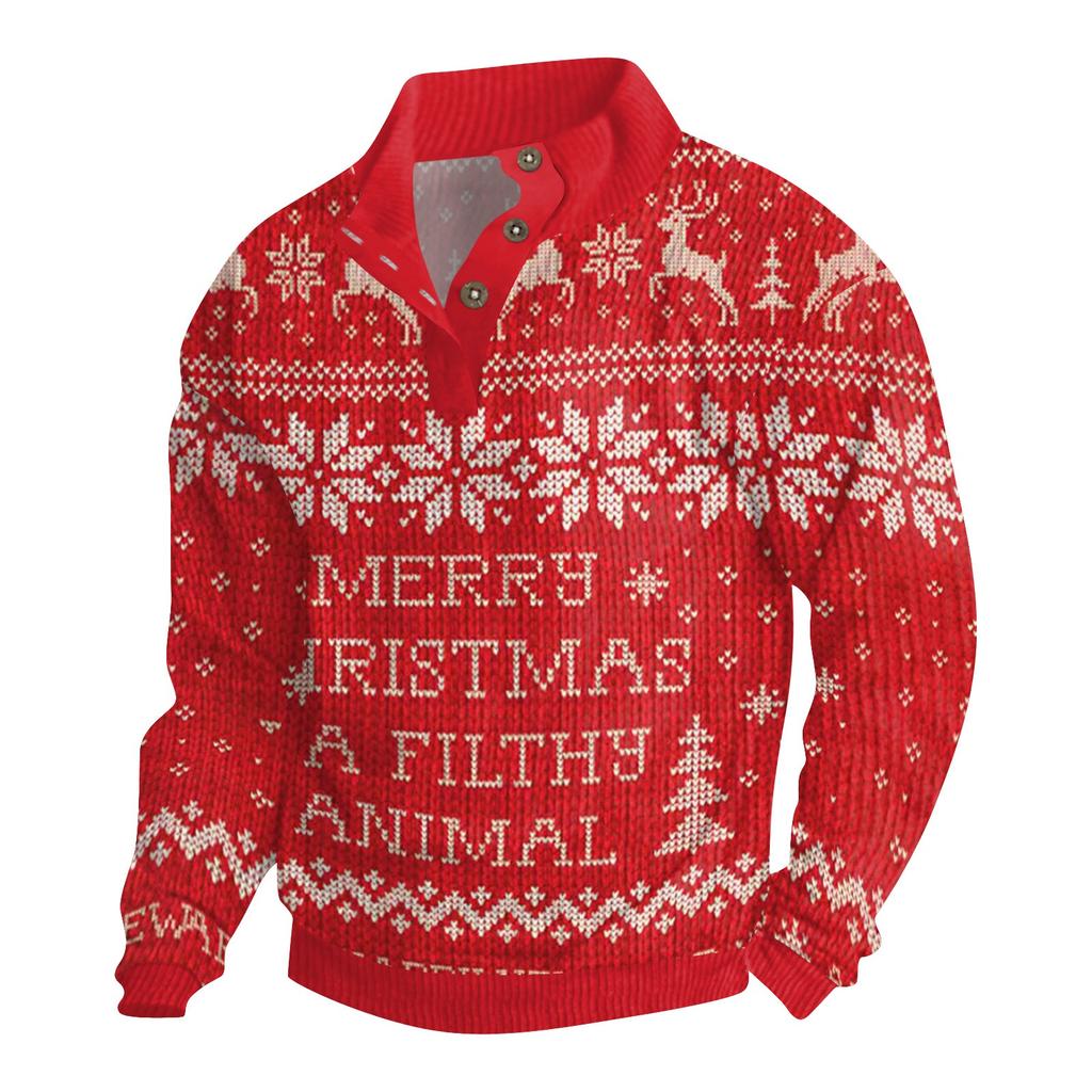 Men's Christmas Cotton Pullover Long Sleeve Outdoor Shirt Vintage Corduroy Button Stand Collar Shirt Casual Sweatshirt Christmas Print Top