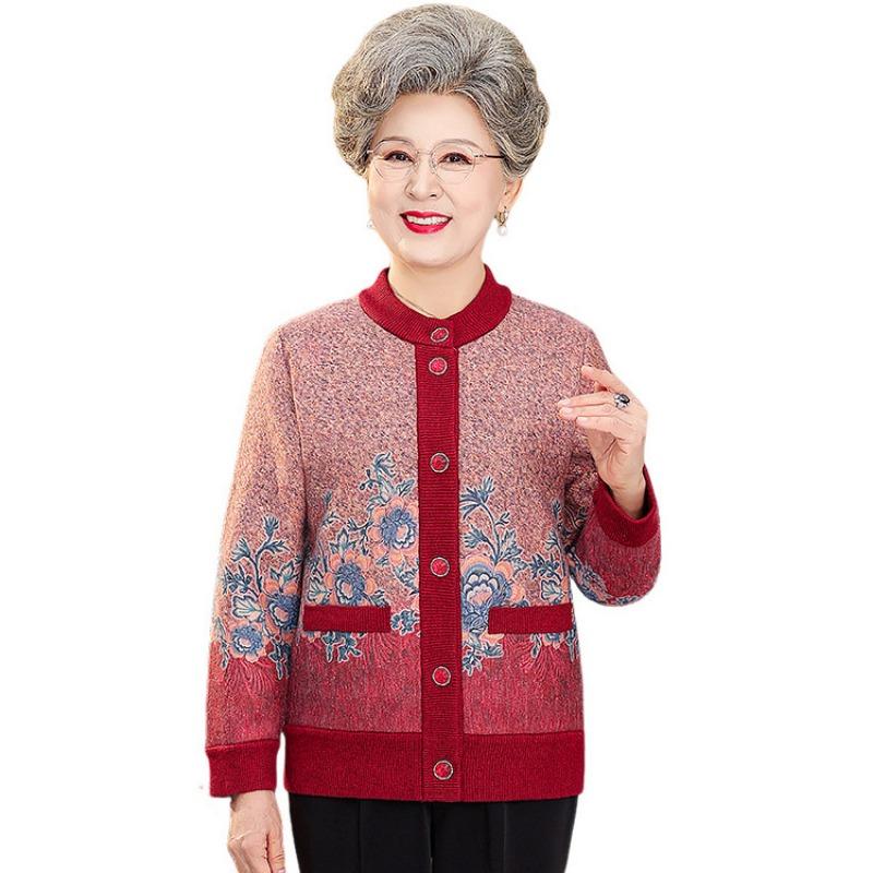 Осень и зима кардиган вязаный утолщенный флисовый с принтом с круглым вырезом женская свободная повседневная куртка наряд для старой и новой мамы