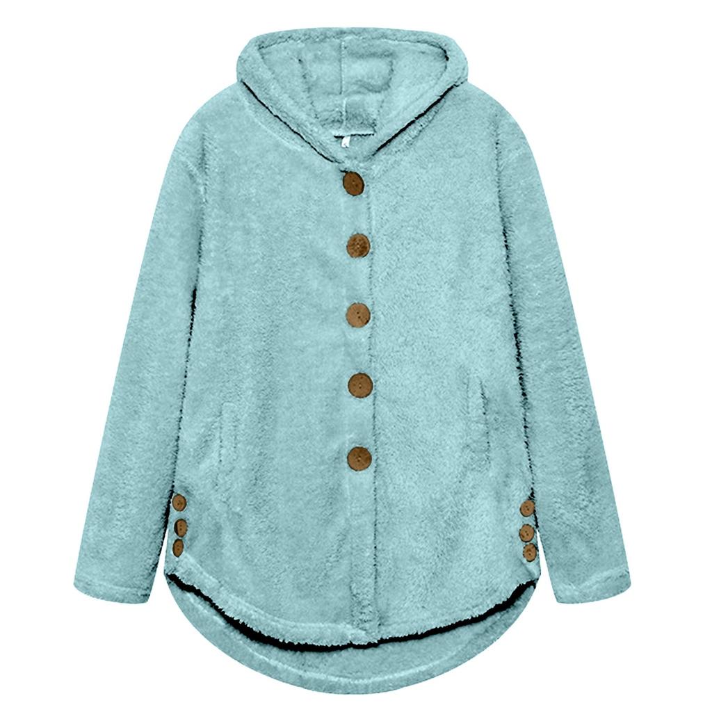 Женская свободная повседневная однотонная плюшевая куртка с капюшоном и длинными рукавами на пуговицах, модная куртка