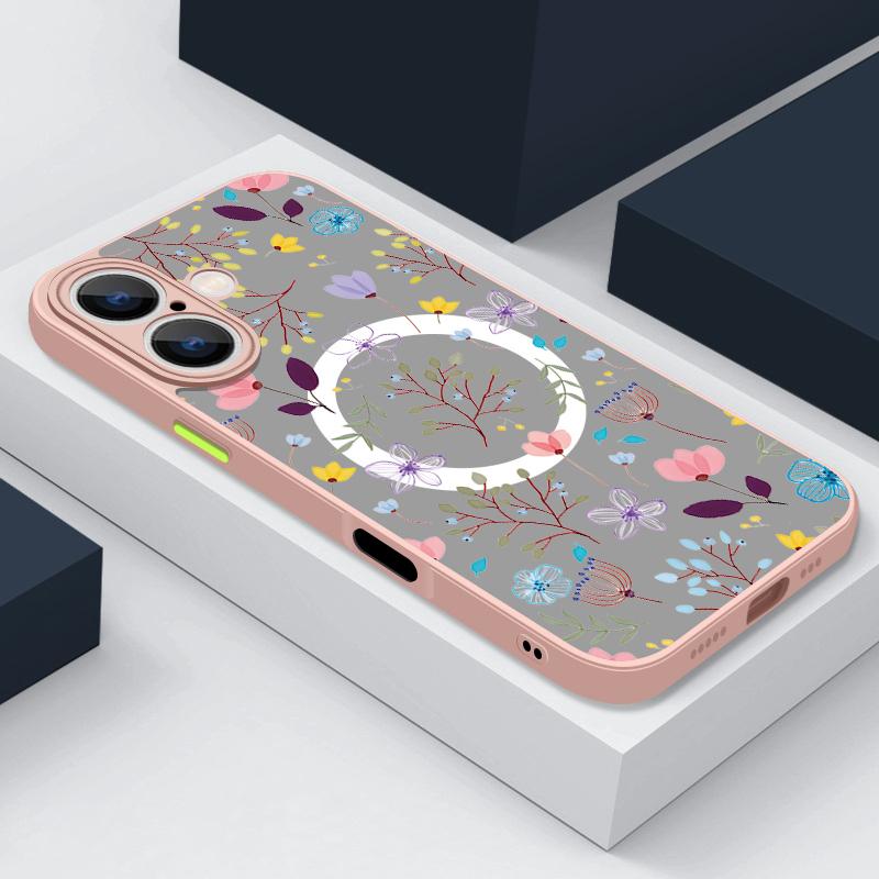 Для iPhone 16 Pro Max 15 14 Plus 13 12 Mini 11 7 8 для Magsafe противоударный цветочный узор мягкие края прозрачный акриловый жесткий чехол