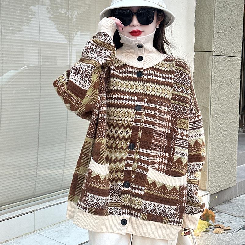 2025 Autumn/Winter Women's Japanese Retro Ethnic Knit Cardigan - Mid-Length, Printed, Comfortable Lazy Style Knitwear