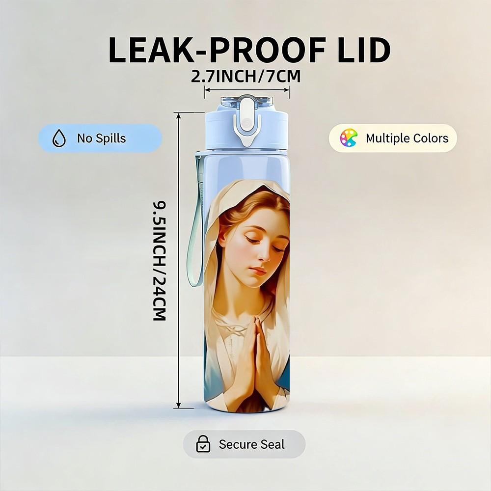 1PC Virgin Mary Praying Religious Print 750ml Color Plastic Sports Water Bottle Leakproof Flip Straw Lid Suitable for Sports Office Home Use