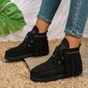 Fashion Women's Flat Cotton Boots Winter New Round Head Suede Tassel Rivet Lacing Soft Sole Anti-slip Wear-resistant Ankle Boots