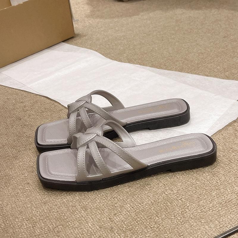 Леди стиль носить женские шлепанцы на плоской подошве летний стиль повседневные универсальные пляжные мягкая подошва нескользящие показывающие ноги тонкие женские шлепанцы