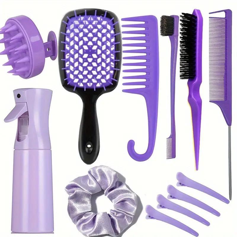 12pcs Complete Hair Styling Comb Set - Versatile Detangling & Teasing Combs, Edge & Rat Tail Brushes, Scalp Massager, Spray Bott
