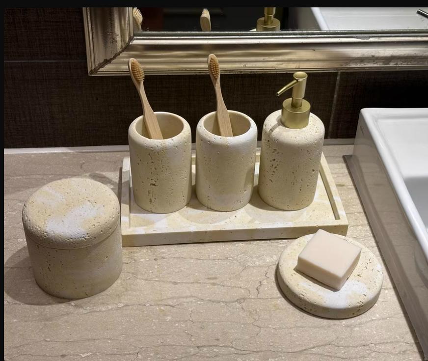 Травертиновый дозатор для мыла, мыльница, стаканчик для ополаскивателя, поднос, подставка для мыла, бутылка для антисептика, бутылка для лосьона, набор для ванной комнаты