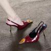 Metal Pointed Retro Luxury Gemstone High Heels Spring and Autumn New Fine Heel Patent Leather Light Mouth Empty Sandals Women
