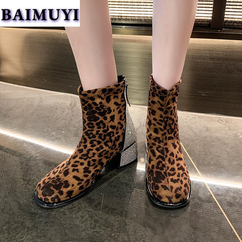 Leopard Crystal Women Snow Ankle Boots Suede Mid Heels Shoes Winter 2025 Luxury Brand Chelsea Boots Fashion Pumps Botas Mujer