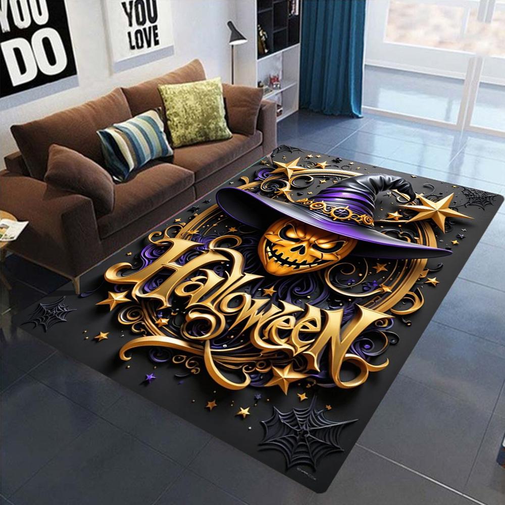 Halloween Carpet Mat Rug Gothic Pumpkin Skull Witch Hat Haunted House Bat Print Festive Home Decoration Living Room Floor Decor