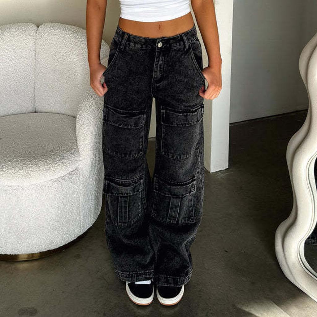 Women Hip Hop Baggy Jeans Wide Leg Mid-Low Waist Jeans Loose Boyfriends Jeans Vintage Denim Pants