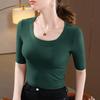 Medium Sleeve T-shirt Women's New Women's Clothing Wide Edge Round Neck Solid Color T-shirt Temperament Five-quarter Sleeve Waist Tight Top