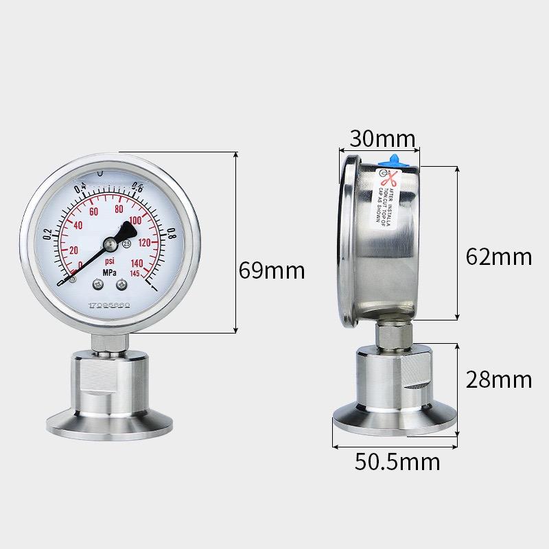 SS304 Stainless Steel Body Mpa/Bar/psi Pressure Gauge With SS316 Tri Clamp 1.5" Tri Clamp Manometer