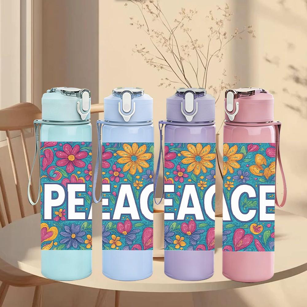 1PC Colorful Flower Peace Letter Print 750ml Color Plastic Sports Water Bottle Leakproof Flip Straw Lid Suitable for Sports Office Home Use