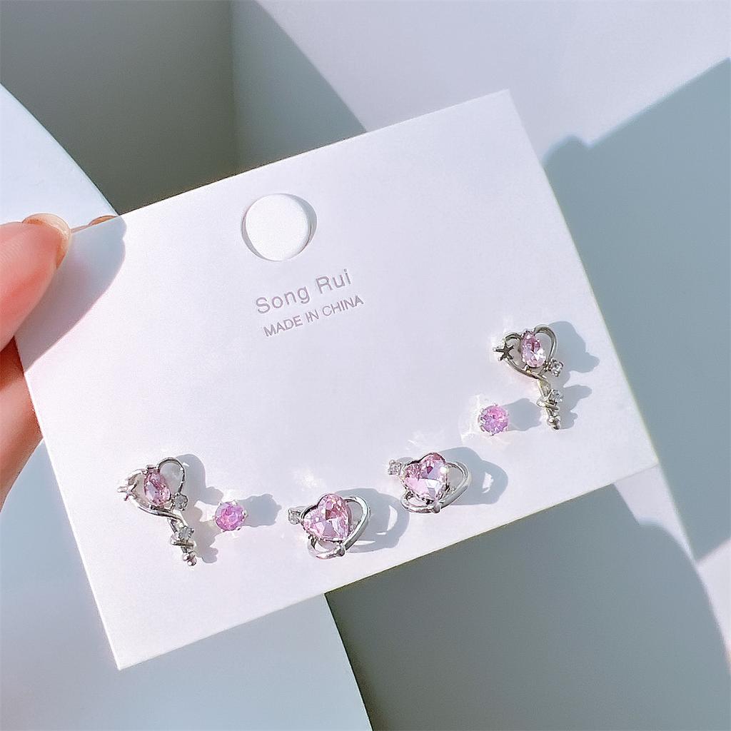 Серьги-гвоздики в форме розового сердца для женщин и девочек, корейский комплект сережек-бантов, сладкие серьги-подвески из кристаллов, модные ювелирные изделия