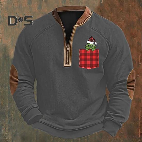 Весна Осень Мужской Топ На Молнии Полуоткрытый V-образный Вырез 3D Мультяшный Принт Лоскутные Рукава Плюс Размер Пуловер Свободный Спортивный Досуг Праздник Свитшот