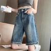 Design Sense Fringed Denim Shorts Summer New Style High Waist Loose Fit Slimming Five Quarter Straight Leg Pants