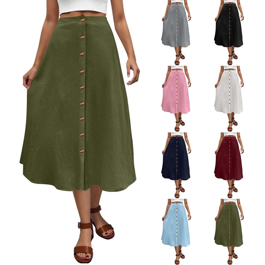 Women's Half Length Skirt With Front Button, Summer Casual Elastic Waist, Pocket A-line Half Length Skirt
