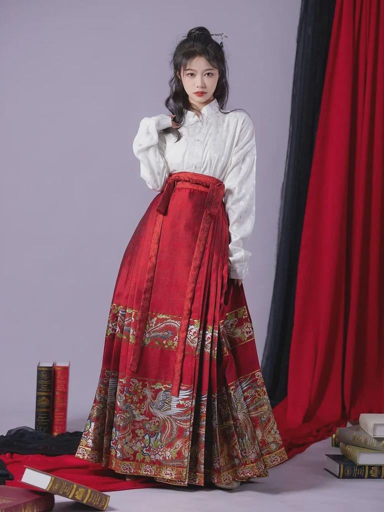 «2023 Оригинальная юбка в стиле ханьфу с изображением феникса и цветов, мордочки лошади — китайское красное помолвочное платье»