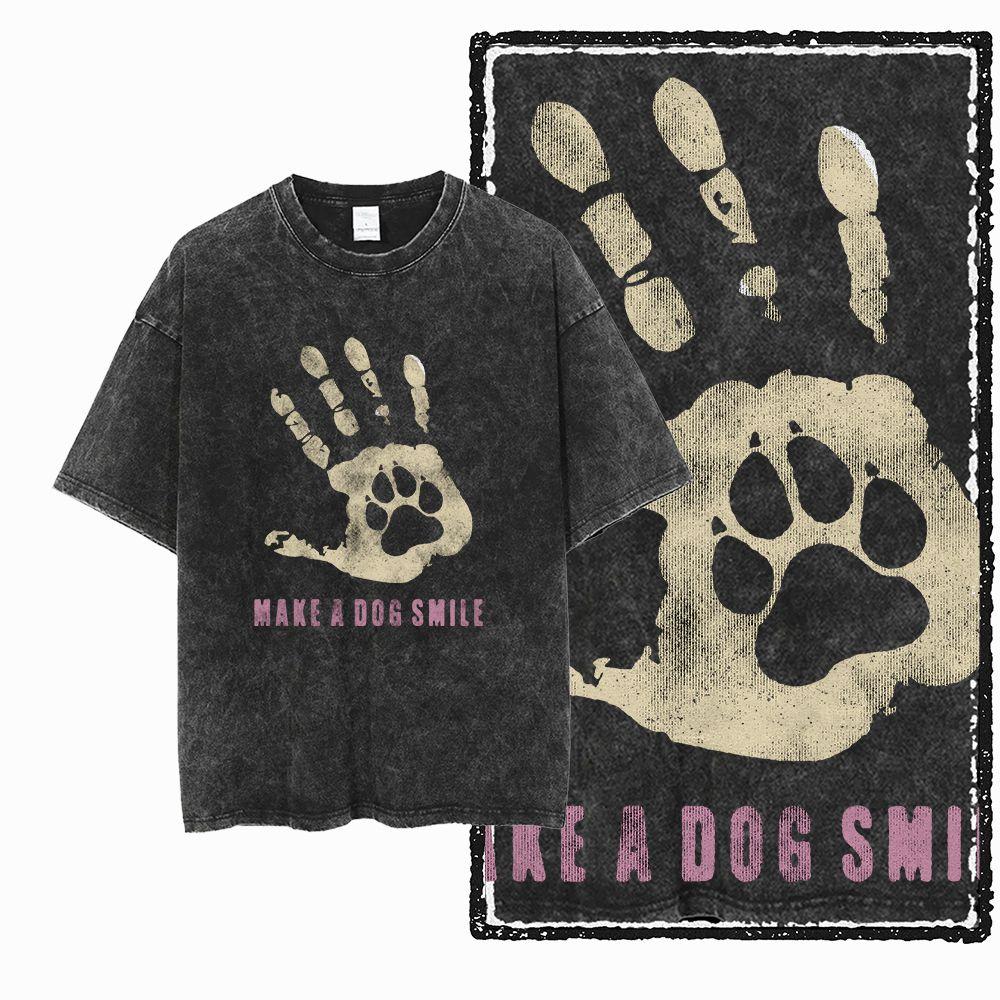 Big Size Dog Graphic Unique Washed Distressed Cotton Unisexs Retro Streetwear TShirt G