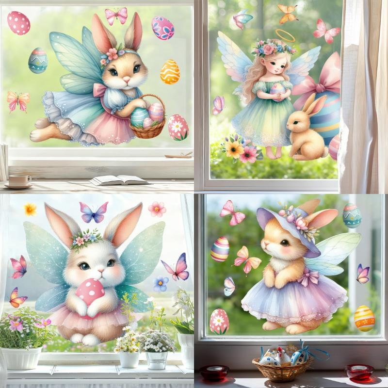 1 Sheet Cute Rabbit Egg Decals Easter Stickers Angel Rabbit Showcase Entrance Glass Electrostatic Patch Easter Party Decoration