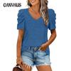 Summer Women T-shirt Solid Color Loose Casual V-neck Short Sleeve Tops