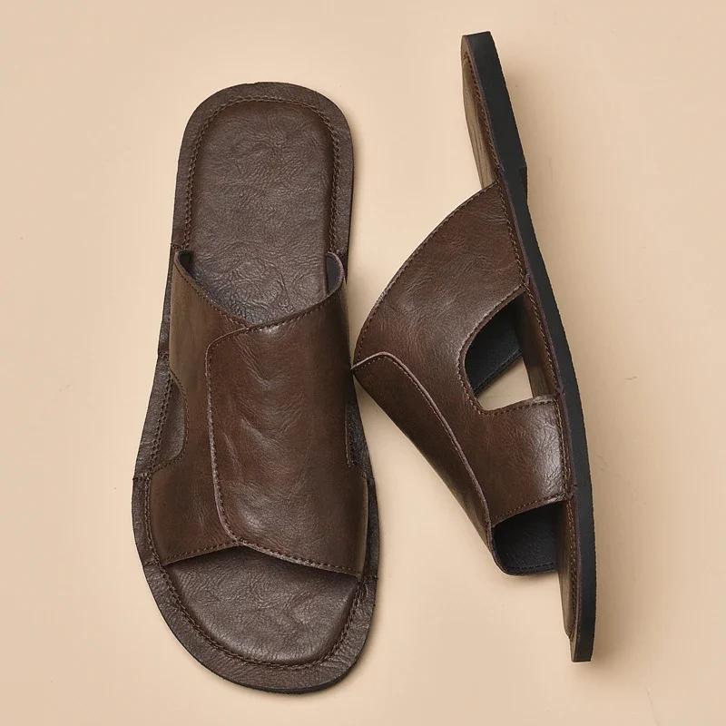 Мода 2025 Лето Новые Мягкая подошва Уличная обувь Мужская Мода Натуральная кожа Водонепроницаемые Сандалии Повседневные Тапочки Крутая Пляжная обувь Балетки