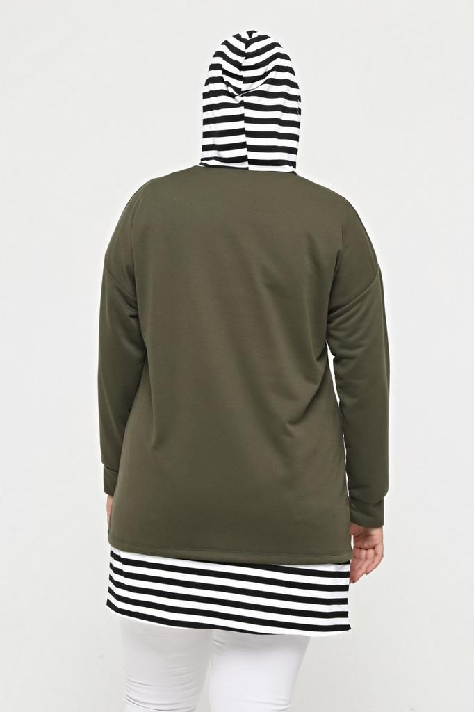 Women's Style Big Size Sweatshirt Large Size 100% Cotton Spring Spring Slit On The Side Comfort Model Stripe Detailed Hooded Sweatshirt